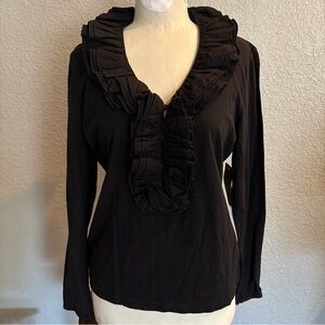 Lauren Ralph Lauren Ruffle Trim Top Women's L Black V-Neck Vintage